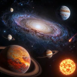 cosmic universe, milky way galaxy, earth and moon and fiery comet in foreground, mars, saturn, jupiter, sun, high detail, realistic, unreal engine