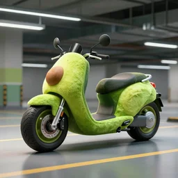 a motorbike in the shape & color of an avocado!!!, vehicle concept photo!!, 8k!!,amazing quality!!! Unreal engine 5!!! Studio lighting!!! Cinema 4D!! Parking garage lighting!