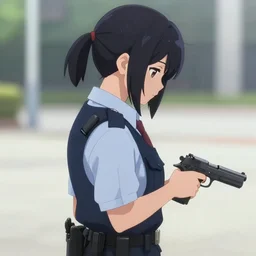 girl wearing uniform holding pistol at side side view looking down audrey plaza fine detail anime realistic shaded _ light
