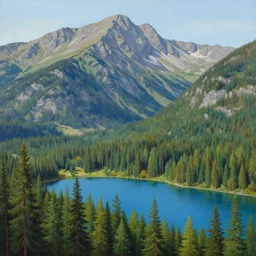 painting of a mountains landscape with a blue lake and a dense pines forest, a detailed matte painting by christophe vacher, matte painting, ultra detailed, matte drawing,