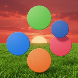 5 realistic colored circles floating on a green field with red sunset background
