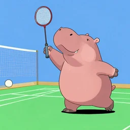 anthromorphic hippos playing badminton by Ken Sugimori