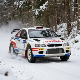a 1 9 9 8 mitsubishi fto gp version r, racing through a rally stage in a snowy forest