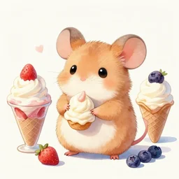 a tiny cute fluffy mouse with ice creams of many different flavors, strawberry, vanilla, blueberry, trending on artstation, digital watercolor