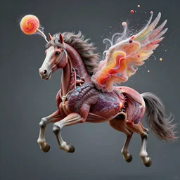 hyperrealistic photo of a flying horse which internal organs explode into cosmic marbled texture made out of candy and stringy taffy, complexity, intricacy, anatomically correct, medical photo, moody, micro details, 1 6 k