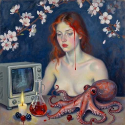 red drips, portrait of a female art student, scientific glassware, oscilloscope, x - ray, sensual, sweet almost oil, almond blossom, squashed berries dripping, octopus, candlelight, neo - impressionist, surrealism, acrylic and spray paint and oilstick on canvas