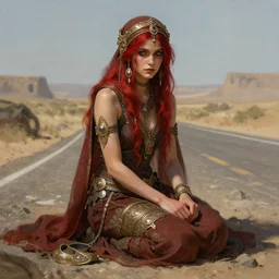 a full body portrait of a beautiful post apocalyptic offworld quarter bedouin blind pulp fiction scarlet wild rogue barbarian leper begging by the roadside, intricate, elegant, highly detailed, digital painting, artstation, concept art, smooth, sharp focus, illustration, art by krenz cushart and artem demura and alphonse mucha