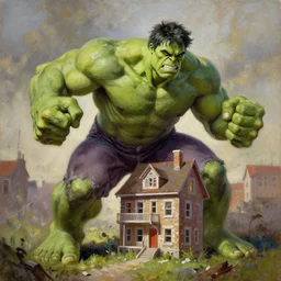 hulk smashing a house, oil painting, artstation, ana dascalu