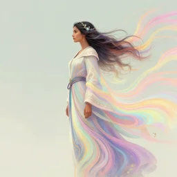 side profile portrait, medium shot, maya ali, wind sorcerer, gloomhaven, fantasy robe, colorful swirly magic ripples, pastel colours, by greg manchess, huang guangjian, sachin teng, greg rutkowski, jesper ejsing, ilya kuvshinov