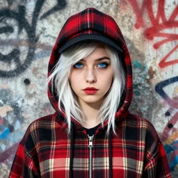 highly detailed portrait of an new york sewer punk lady student, blue eyes, tartan hoody, hat, white hair by atey ghailan, by greg tocchini, by kaethe butcher, by james gilleard, gradient red, black, brown, cream and white color scheme, grunge aesthetic!!! ( ( graffiti tag wall ) )