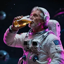 old man in space drinking beer, dark scene, neon colours, n 6