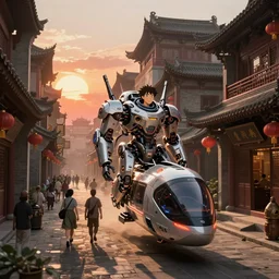 craig mullins and ghibli digital art of chinatown street, sunset alley, erlang shen yang jian in a mecha shuttles through the ancient city of china, cyberpunk style, unreal engine, hyper realism, realistic shading, cinematic composition, realistic render, octane render, detailed textures, photorealistic, wide shot