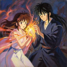 classical oil painting of anime concept art featuring a mage enchanting their friend with great energy, fantasy, trending on artstation, stylistic, brush strokes, oil, canvas, beautiful portrait, by kawacy and makoto shinkai, anime portrait, official anime artwork