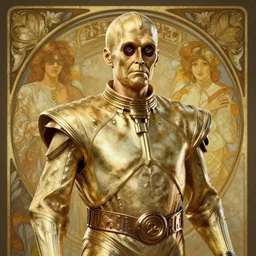 c 3 po as a human, with high detail, 8 k, stunning detail, works by artgerm, greg rutkowski and alphonse mucha, unreal engine 5, 4 k uhd