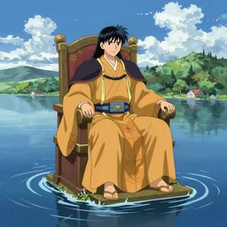 highly detailed lone emperor sitting on a throne floating on water in the middle of a lake drawn by Makoto Yukimura in the style of Vinland saga anime, full color, detailed,