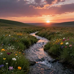 beutiful stream and flowers on grassland, sunset, very wide view, atmospheric, hyper realistic, photography, 8k, epic composition, award winning, cinematic, unreal engine, artstation