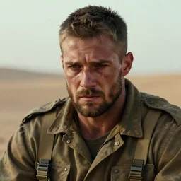portrait of muscular, tired and alcoholic 3 0 - year - old grieving man with short darkblonde hair, serious sad look in his eyes, looking down, dirty beard, blue eyes, crying tears, wearing dirty soldier uniform, on the desert, sad atmosphere, hyper realistic face, character art, art by artgerm, cryengine, trending on artstation, digital art