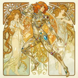 detailed illustration of a cyborg, fullbody, action poses, gemstones and filigree, refractive and reflective and iridescent, by ruan jia, by conrad roset, by yoshitaka amano, by alphonse mucha, cgsociety, artstation, portfolio quality.