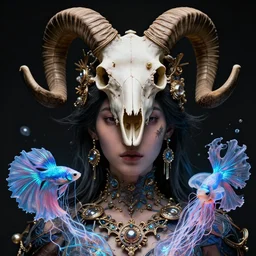 goddess phoenix macro close - up portrait with crown made of ram skull. phoenix, betta fish, jellyfish, bioluminiscent, plasma, wind, creature, super intricate ornaments artwork by tooth wu and wlop and beeple and greg rutkowski