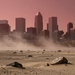 ''the city of montreal in a desert wasteland after a nuclear apocalypse in the year 6000, remains, red haze, mist''