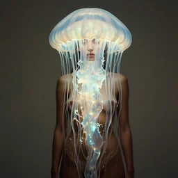 medium shot of a brown woman wearing a luminous jelly fish armor. soft. fragile. by ray caesar. by louise dahl - wolfe. by andrea kowch. surreal photography