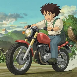 high quality anime movie still, motorcycle, action shot of an orc popping a wheelie on a motorcycle, menacing orc, clear focused details, apocalyptic, studio ghibli, miyazaki, anime style