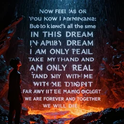 I saw a dream that can′t be real It takes me to my mind Now look inside this evil dream of mine I left you dying in the rain Now you feel my pain You  kow I am insane But in the end it's all the same IN THIS DREAM I AM ONLY REAL TAKE MY HAND AND FLY WITH ME AGAIN TONIGHT FAR AWAY IN THE SHINING MOONLIGHT WE ARE FOREVER AND TOGETHER WE WILL DIE, ultrarrealistic, cinematic, sparkles, lava from inside