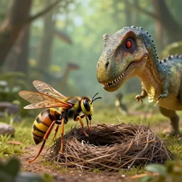 antropomorhic wasp attacking dinosaurs nest realistic