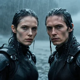 cinestill 5 0 d candid photographic portrait by helen levitt of two handsome looking cyborgs wearing rugged black mesh techwear in treacherous waters, extreme closeup, modern cyberpunk moody depressing cinematic, pouring rain, 8 k, hd, high resolution, 3 5 mm, f / 3 2, ultra realistic faces, ex machina