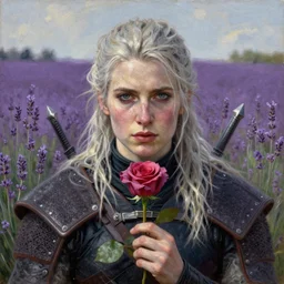 portrait of ciri from the witcher holding a rose in the middle of a lavender field, by rembrandt, realistic oil painting, highly detailed face