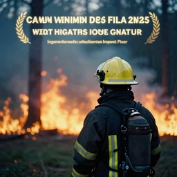 a 3 5 mm photo from the back of a firefighter standing in front of a burning forest, bokeh, canon 5 0 mm, cinematic lighting, film, photography, depth of field, award - winning, bokeh