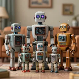 closeup portrait of tin toy retro living room of cyberpunk robot family, depth of field, zeiss lens, detailed, centered, fashion photoshoot, by nicoletta ceccoli, mark ryden, lostfish, breathtaking, 8 k resolution, extremely detailed, beautiful, establishing shot, artistic, hyperrealistic, octane render, - h 8 0 4