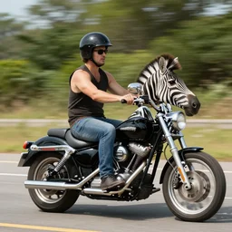 zebra riding on a Harley Davidson on the road, funny picture