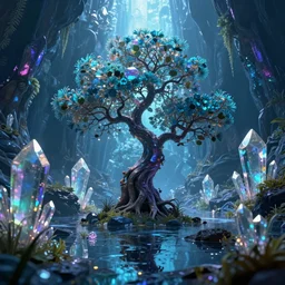 portal tree on a luminescent crystal biome by pixae, ultra detailed, fantasy, hyper realism, art, smooth, beautiful art, masterpiece, landscape, cinematic, wet reflections, ray tracing x, rtx, smooth