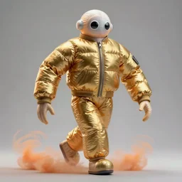 a single striding slender figurine of a tall giant inflated space man wearing over sized gold puffy bomber jacket, long bendy arms and legs, googly eyes, tareme eyes, small head, personification, dynamic pose, detailed product photo, tone mapped, beautiful composition, orange mist swirling at feet, 8 5 mm, f 5. 8, soft lighting