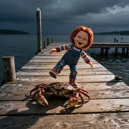 wooden dock with crab and screaming chucky doll stomping on it