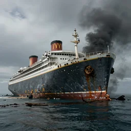 a derelict immense McDonald's brand cruiser liner run aground on a deserted island, oil slick in the water, thick black smoke billowing, overcast, dystopian, bad vibes, photorealistic, octane render