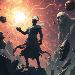 an african cosmic god bending space time, watchmen, dim light, bloom, front game card, marvel comics, dark, intricate, highly detailed, smooth, artstation, digital illustration by ruan jia and mandy jurgens and artgerm and wayne barlowe and greg rutkowski and zdislaw beksinski, and adi granov