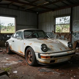 photo of an abandoned, dirty, rusty, grimy Porsche Boxter concept car in an old shed, ultra wide angle lens, photorealistic