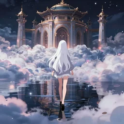 white haired girl walking in flooded cloud palace night, dreamscape, cinematic, vibrant dark colors digital anime illustration by studio ghibli