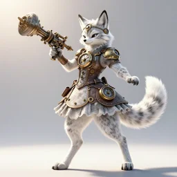 anthropomorphic lynx fursona dancing, wielding steampunk weapon, wearing steampunk dress with clockworks life support with lynx head, tail, paws, by tanidareal, irakli nadar, muggur, intricate linework, unreal engine, photorealistic 3 d render, furry art, furaffinity, bright sun backlight, white detailed fur, thin hind legs