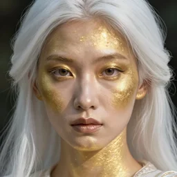 hyperrealistic close-up of beautiful chinese woman with white hair and iridescent gold skin alberto mielgo