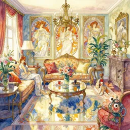 a beautifull intricate watercolor painting of a livingroom with flowers, reflexions, verry high details, colorfull, by william turner art, by greg rutkowski, by alphonse mucha, by james jean, by rossdraws, by frank franzzeta, by sakimichan, trending on artstation, very very detailed, masterpiece,