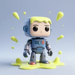 single crazy melting plastic toy Pop Figure Robot, C4d, by pixar, by dreamworks, in a Studio hollow, surrounded by flying particles