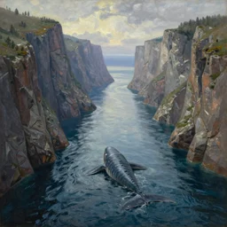fjord, sea monster, a long, narrow, deep tropical inlet of the pacific sea between high cliffs, extremely detailed oil painting, sargent and leyendecker, savrasov levitan polenov, bruce pennington, tim hildebrandt, digital art, landscape painting, trending on artstation, masterpiece