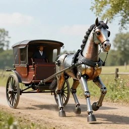 An Amish buggy being pulled by a steampunk robotic horse, photorealistic