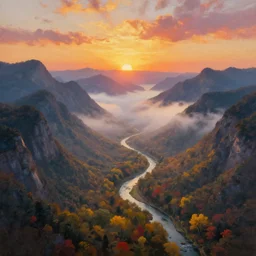 The most beautiful panoramic landscape, oil painting, where the mountains are towering over the valley below their peaks shrouded in mist. The sun is just peeking over the horizon producing an awesome flare and the sky is ablaze with warm colors. The river is winding its way through the valley and the trees are starting to turn yellow and red, by Greg Rutkowski, aerial view