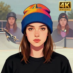 digital art, portrait, skater girl wearing a colorful beanie and black t - shirt, centered, trending on artstation, art by jamie hewlett and jennifer wuestling, 4 k