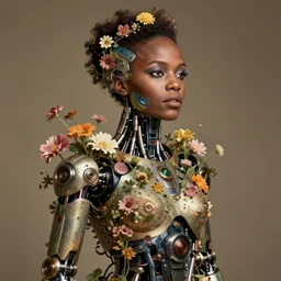 a beautiful intricate vintage photo of lupita nyong'o as a humanoid with cybernetic implants, half face painted, portrait by tom bagshaw and natalie shau, mechanical industrial robot torso overgrown with flowers, cybernetic scifi, cyborg, studio lighting, golden ratio composition, deep depth of field, 3 5 mm lens, artstation, highly coherent, 8 k, masterpiece!