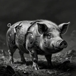 cyberpunk pig, fine detail, cyborg parts, in peril, black, drawn by leonardo da vinci